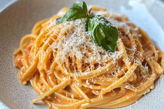 Quick Creamy Tomato Garlic Pasta with Basil and Parmesan