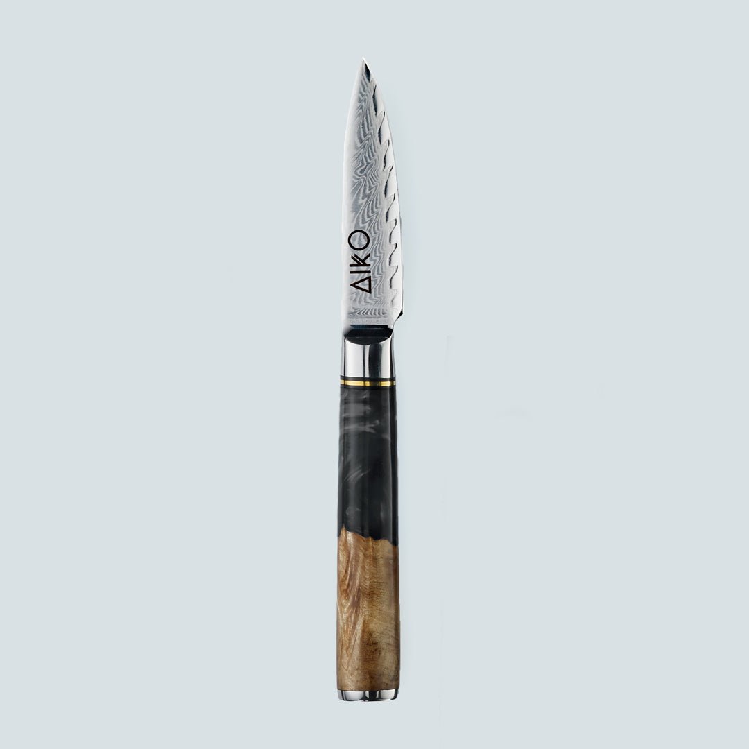 Aiko Black (あいこ あいこ, アイコ) Cuchillo de acero Damasco con mango de resina negra de color