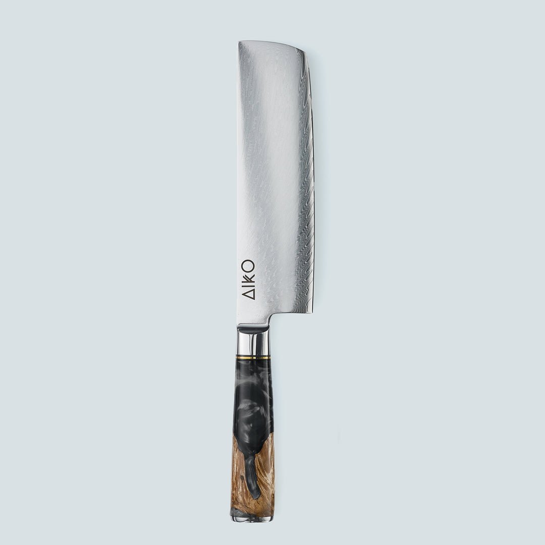 Aiko Black (あいこ あいこ, アイコ) Cuchillo de acero Damasco con mango de resina negra de color