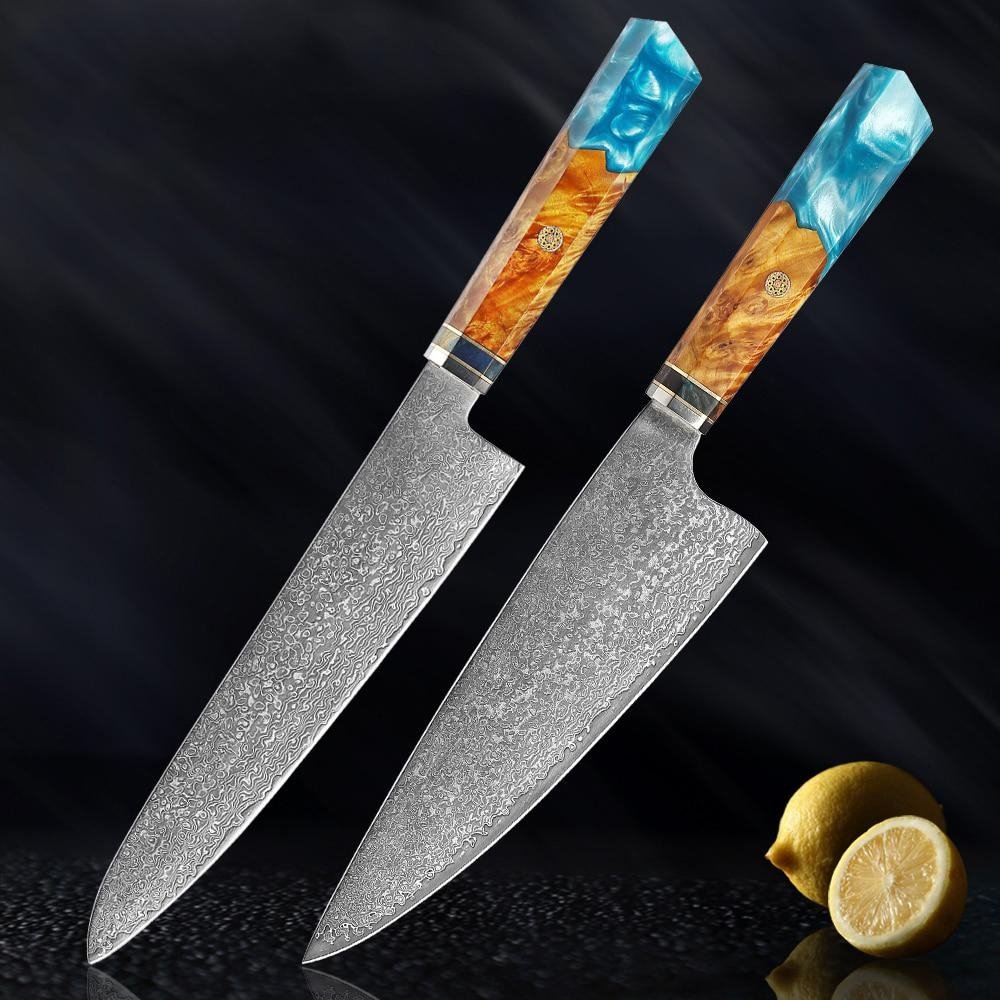 Cuchillos de acero de Makito Damasco con mango de resina azul de color