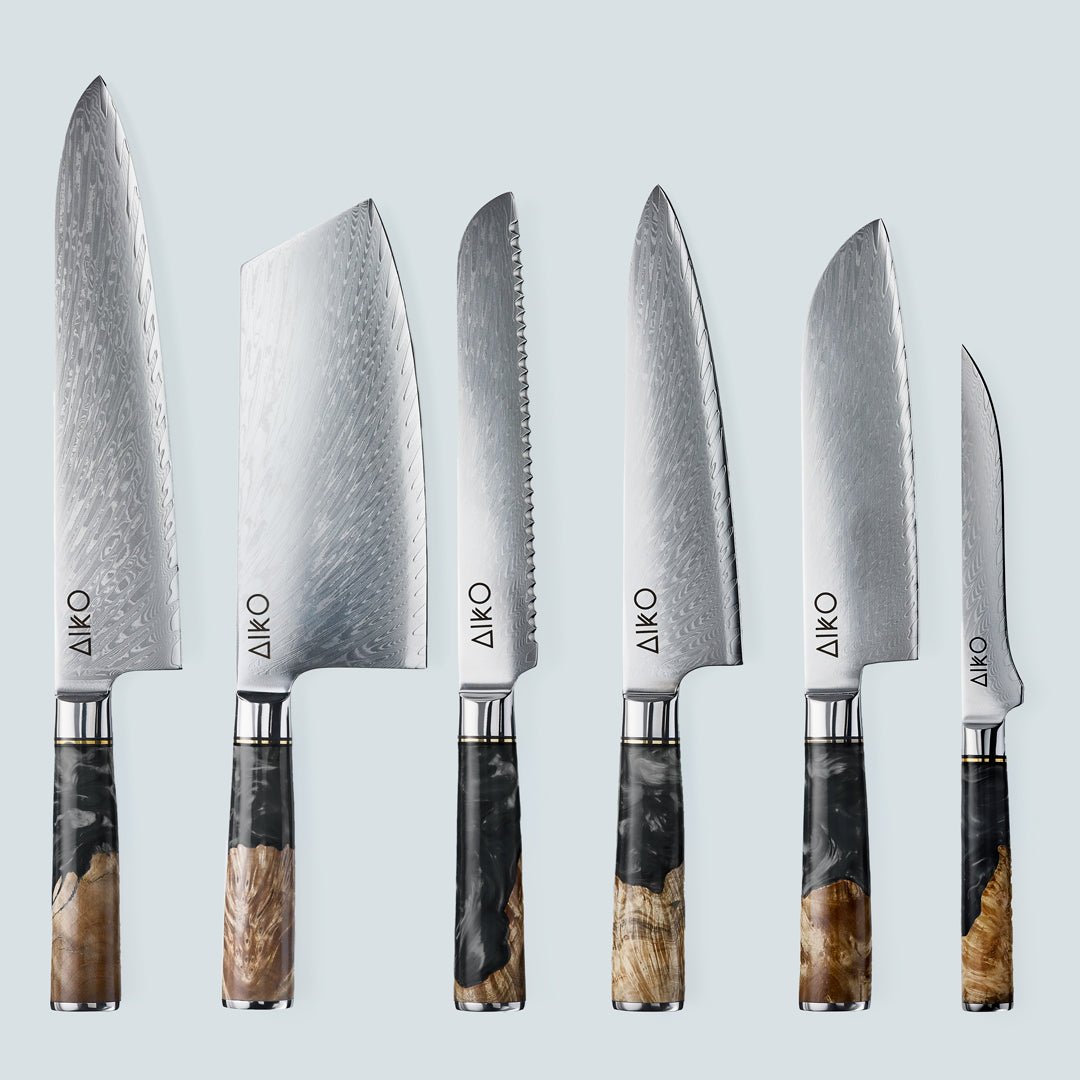 Aiko Black (あいこ あいこ, アイコ) Cuchillo de acero Damasco con mango de resina negra de color