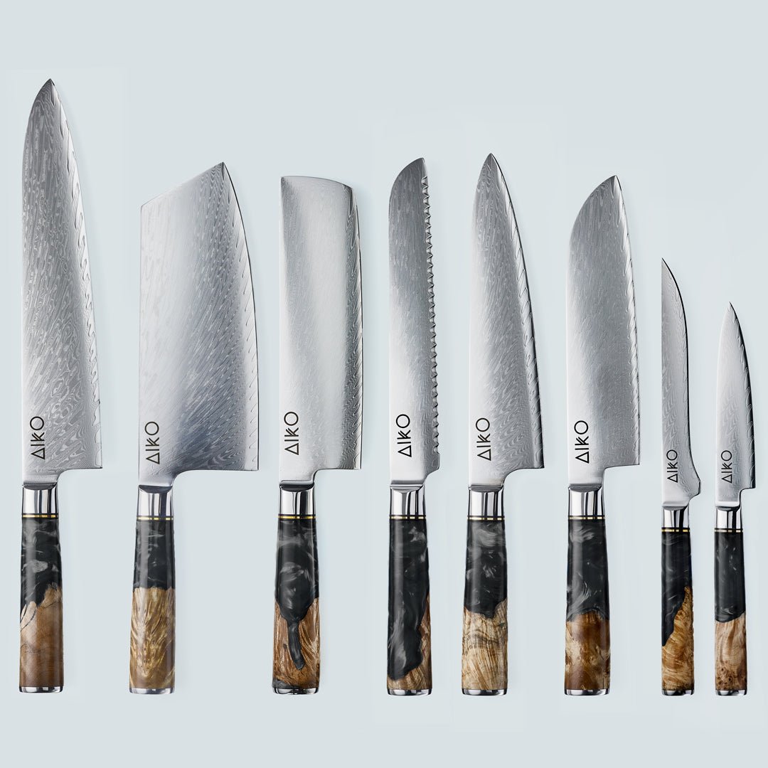 Aiko Black (あいこ あいこ, アイコ) Cuchillo de acero Damasco con mango de resina negra de color
