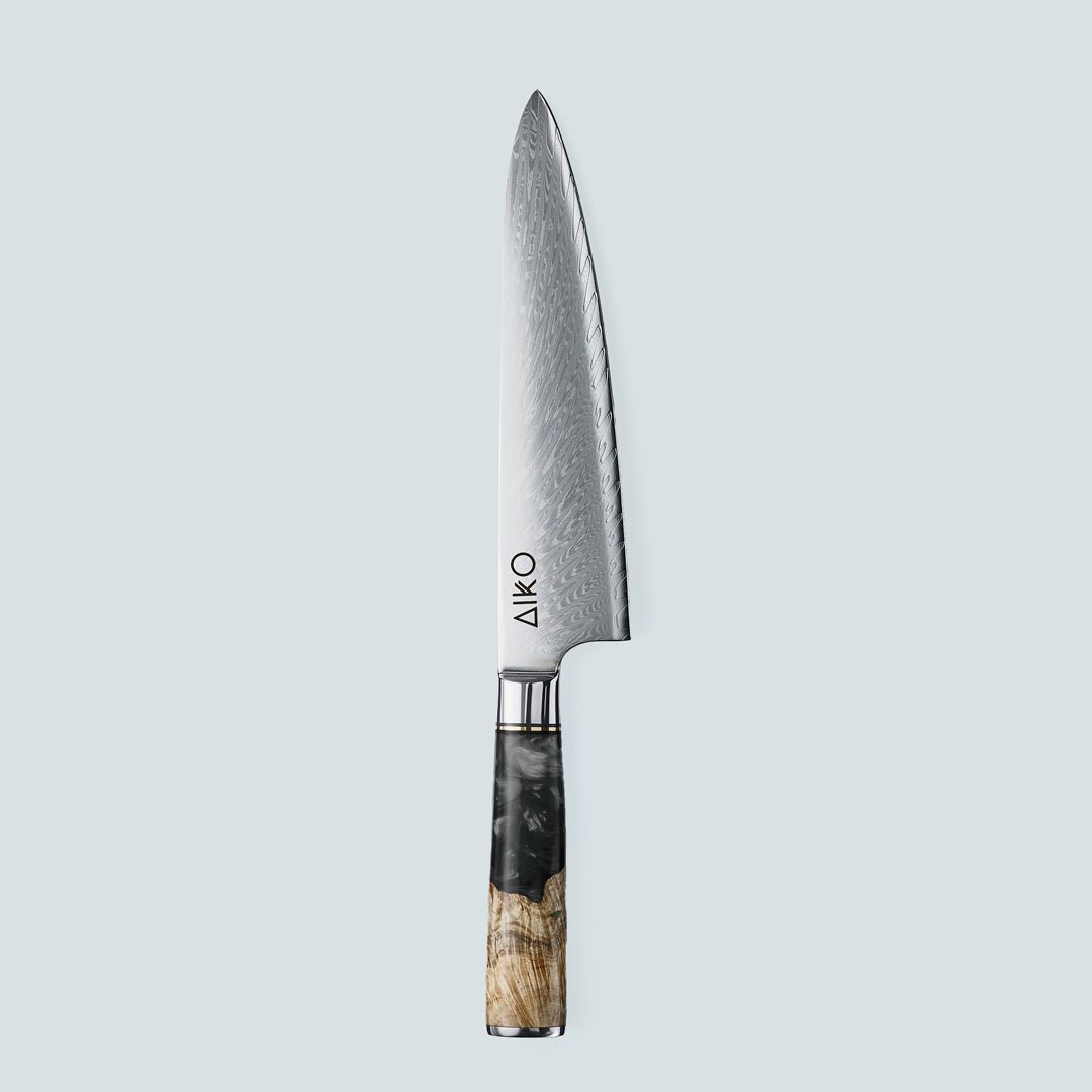 Aiko Black (あいこ あいこ, アイコ) Cuchillo de acero Damasco con mango de resina negra de color