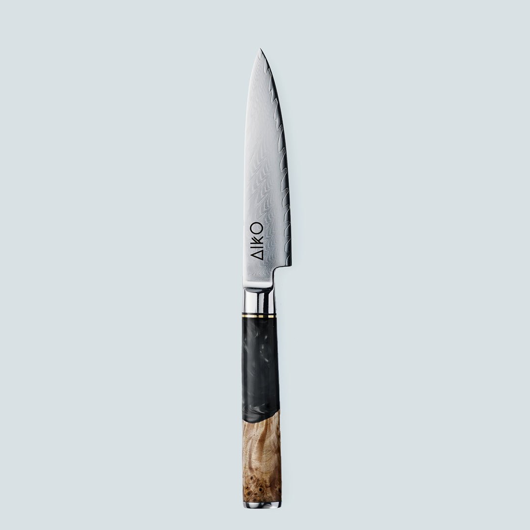 Aiko Black (あいこ あいこ, アイコ) Cuchillo de acero Damasco con mango de resina negra de color