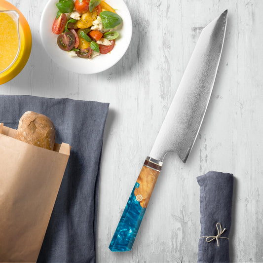 Cuchillos de acero de Makito Damasco con mango de resina azul de color
