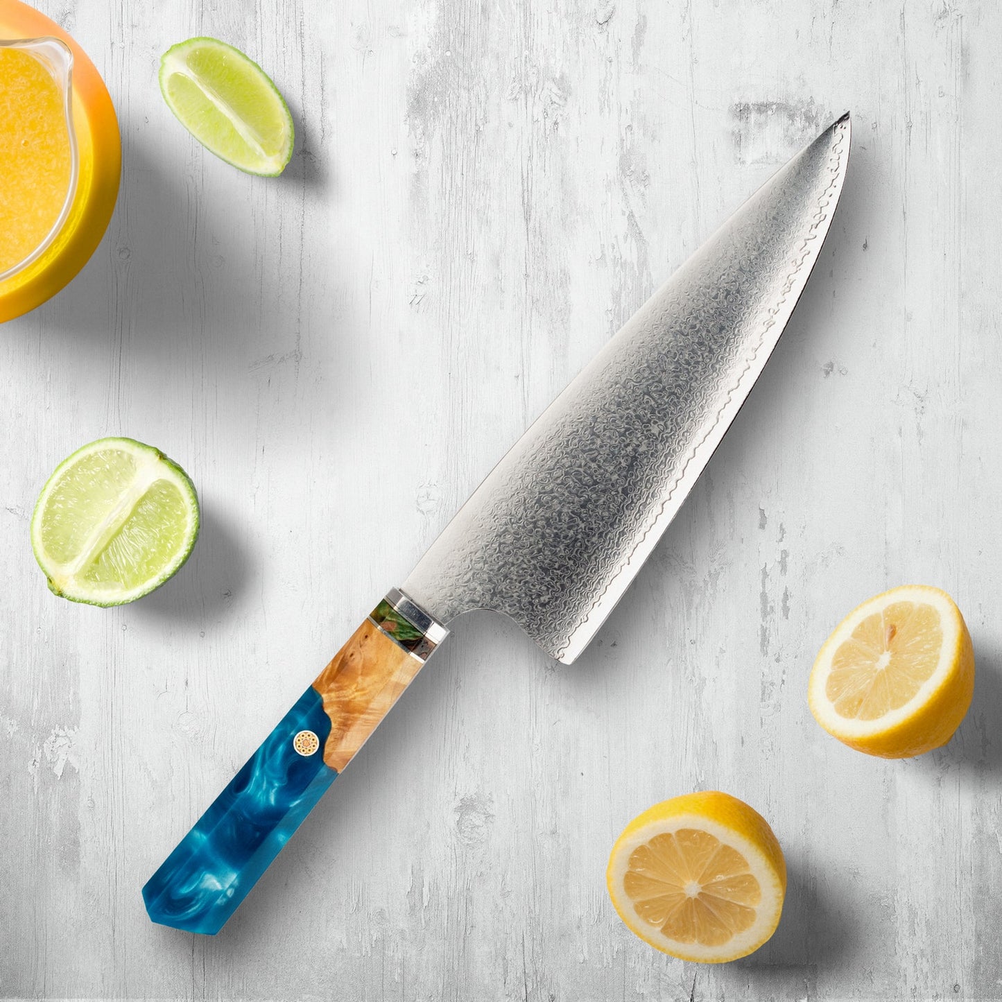 Cuchillos de acero de Makito Damasco con mango de resina azul de color