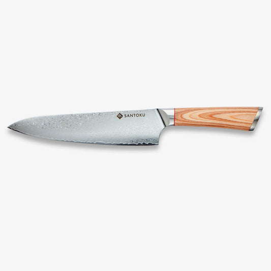Haruta 8 inch VG10 Japanese Damascus steel gyuto chef knife with wooden handle, shown from the side