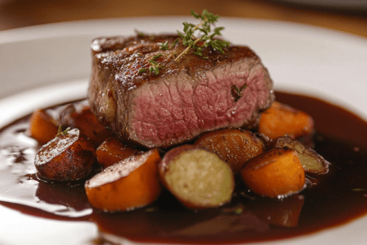 Slow-Cooked Braising Steak with Red Wine Gravy and Root Vegetables