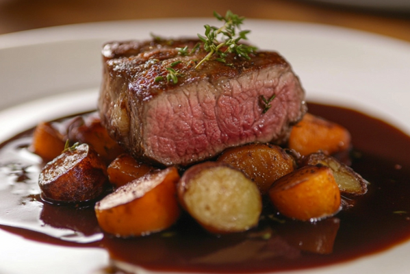Slow-Cooked Braising Steak with Red Wine Gravy and Root Vegetables