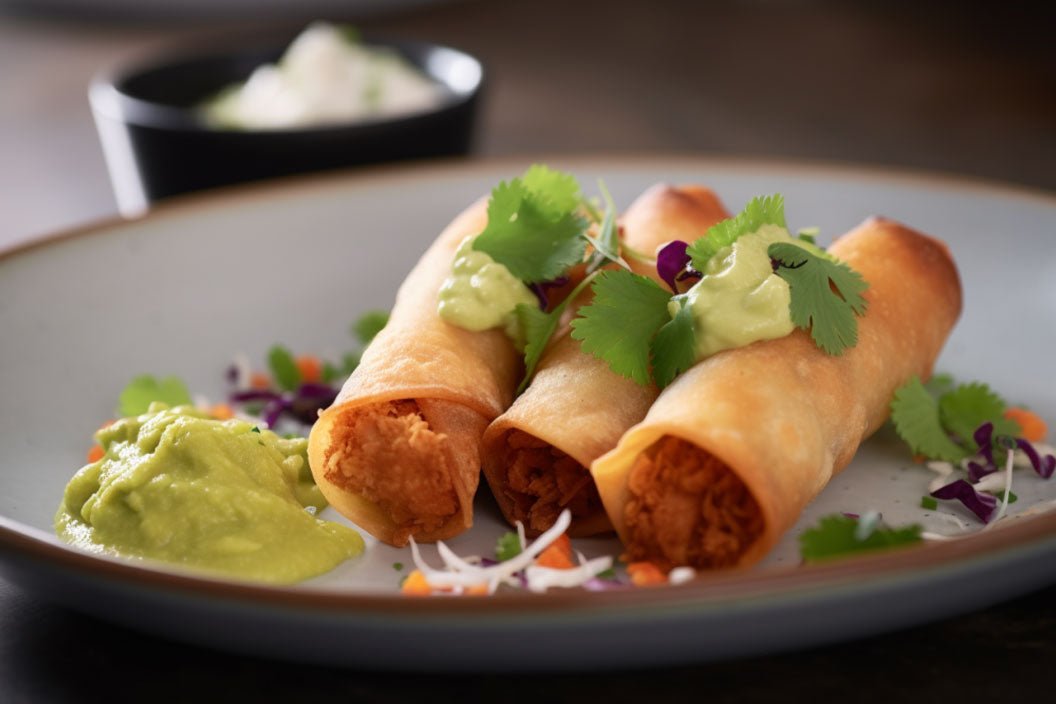 Flautas crujientes de pollo con salsa de aguacate picante santokuknives