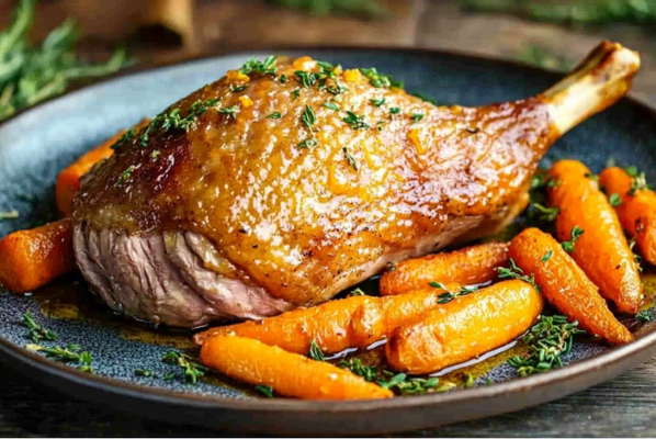 Crispy Duck Leg with Orange Glaze and Roasted Root Vegetables