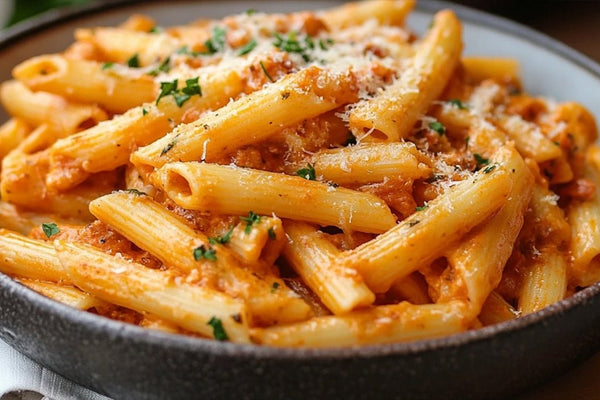 Cremoso Penne Alla Vodka con parmesano y albahaca fresca