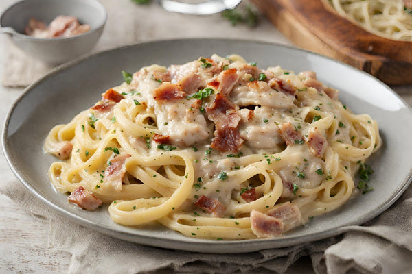 Lujosa carbonara de pollo cremoso con pancetta crujiente