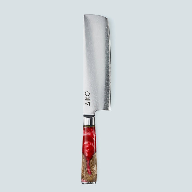 Cuchillo Aiko de acero damasco rojo con mango de resina de color rojo