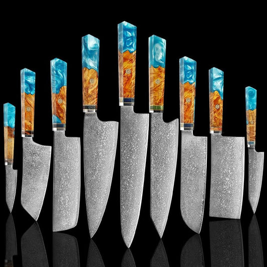Cuchillos de acero de Makito Damasco con mango de resina azul de color