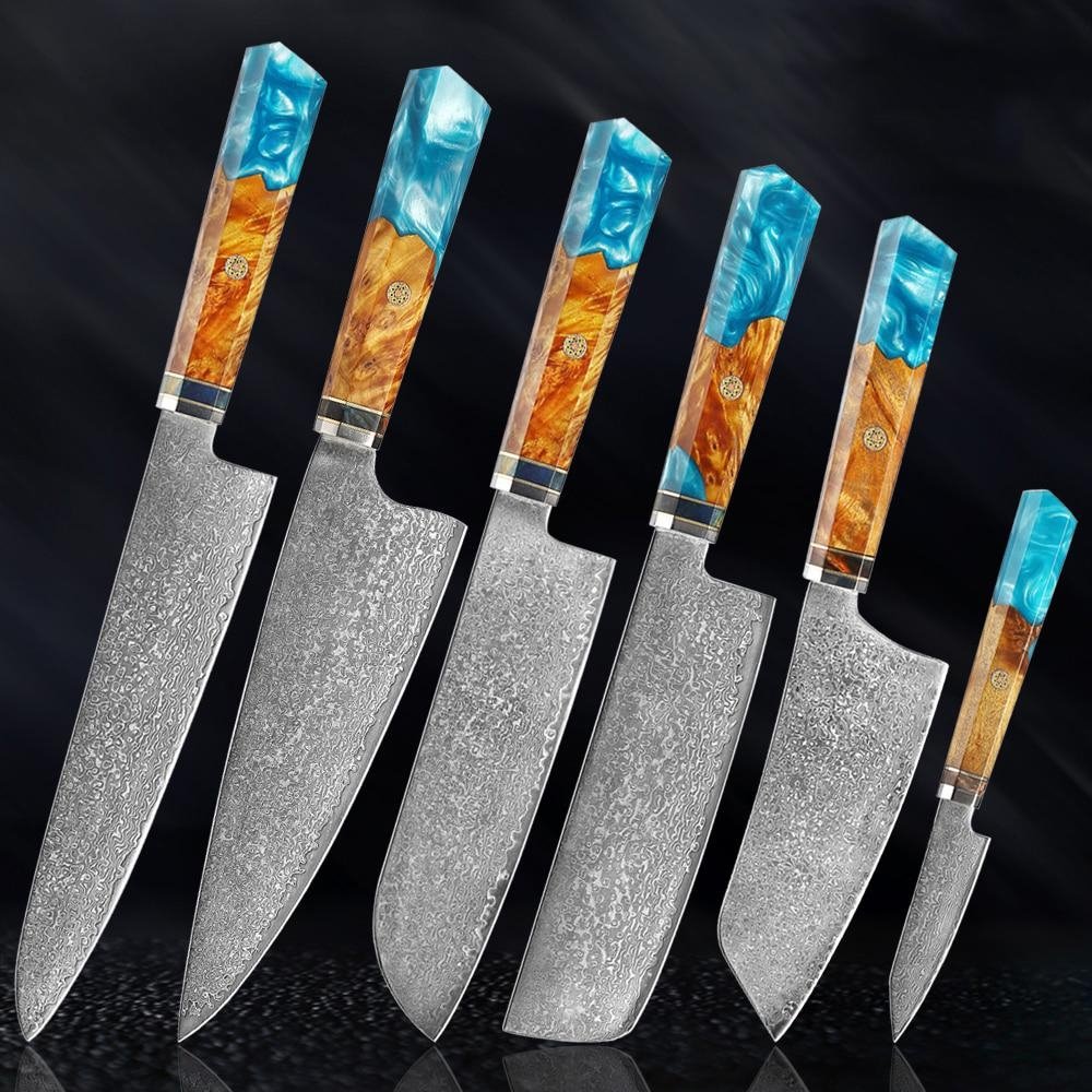 Cuchillos de acero de Makito Damasco con mango de resina azul de color