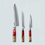Cuchillo Aiko de acero damasco rojo con mango de resina de color rojo