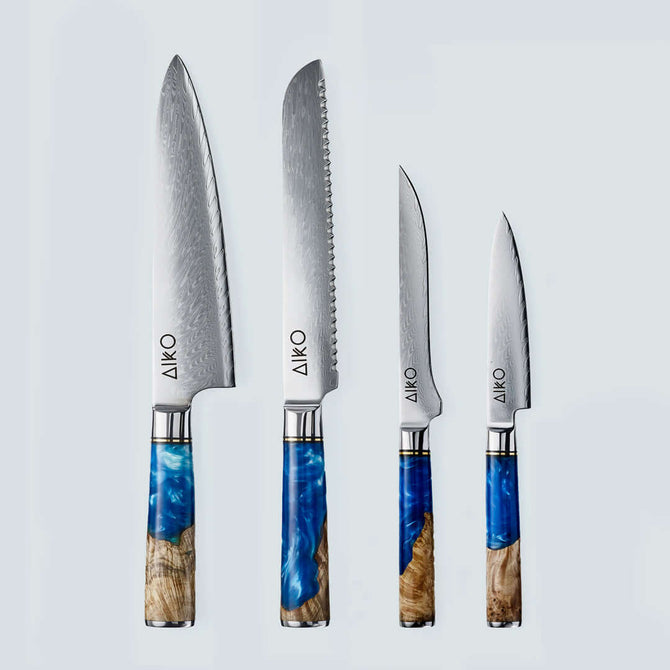 Cuchillo Aiko de Acero Damasco Azul con Mango de Resina de Color Azul