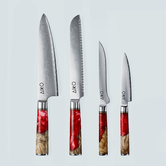 Cuchillo Aiko de acero damasco rojo con mango de resina de color rojo