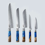 Cuchillo Aiko de Acero Damasco Azul con Mango de Resina de Color Azul