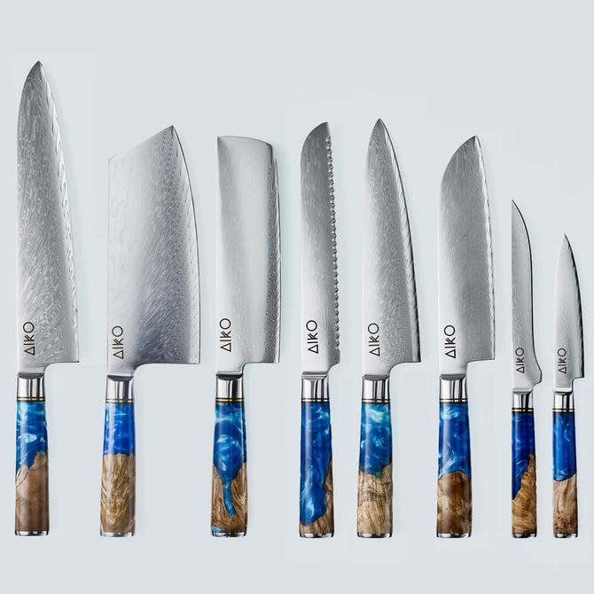Cuchillo Aiko de Acero Damasco Azul con Mango de Resina de Color Azul