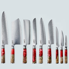 Cuchillo Aiko de acero damasco rojo con mango de resina de color rojo