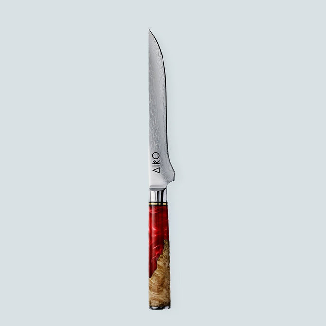 Cuchillo Aiko de acero damasco rojo con mango de resina de color rojo