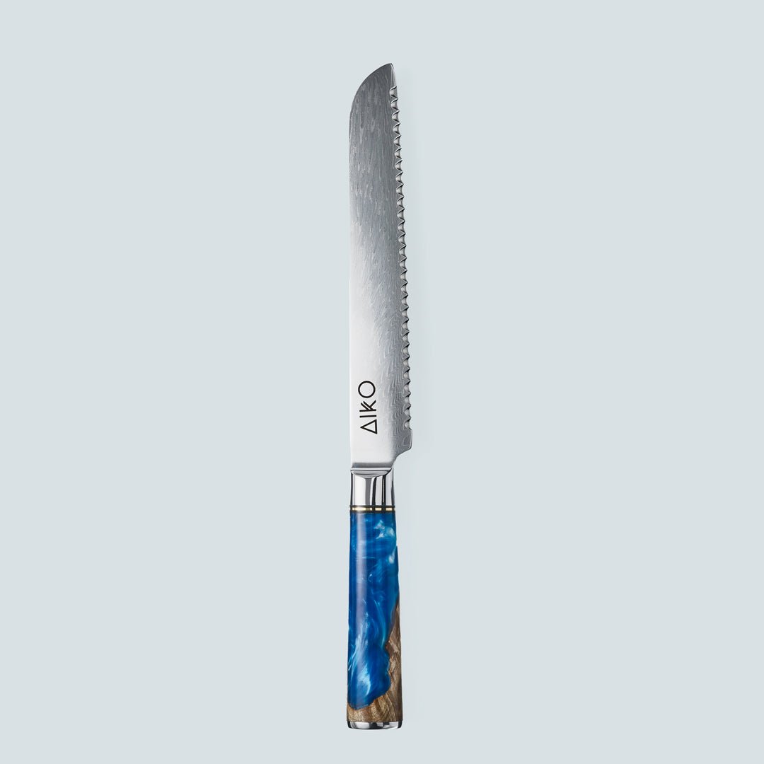 AIKO Azul (あいこ あいこ アイコ アイコ アイコ アイコ) Cuchillo de acero Damasco con mango de resina azul de color