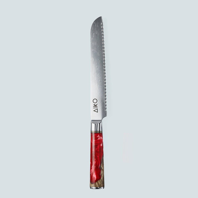 Cuchillo Aiko de acero damasco rojo con mango de resina de color rojo