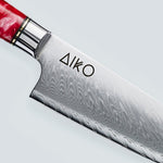 Cuchillo Aiko de acero damasco rojo con mango de resina de color rojo