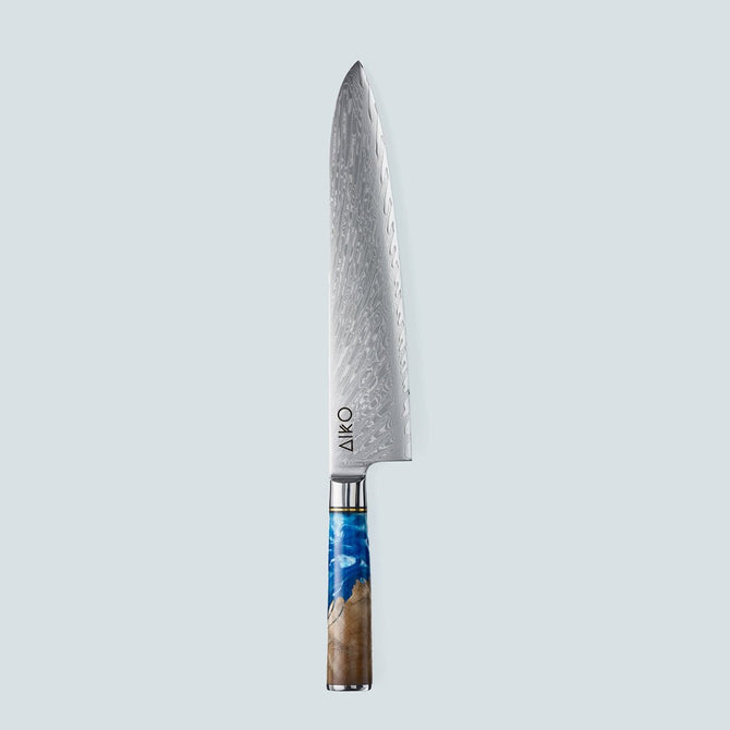 Cuchillo Aiko de Acero Damasco Azul con Mango de Resina de Color Azul
