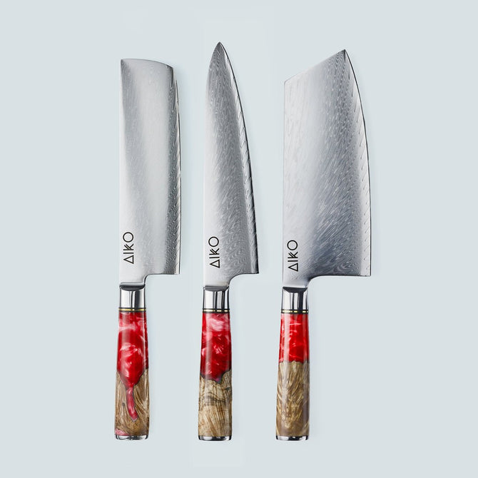 Cuchillo Aiko de acero damasco rojo con mango de resina de color rojo