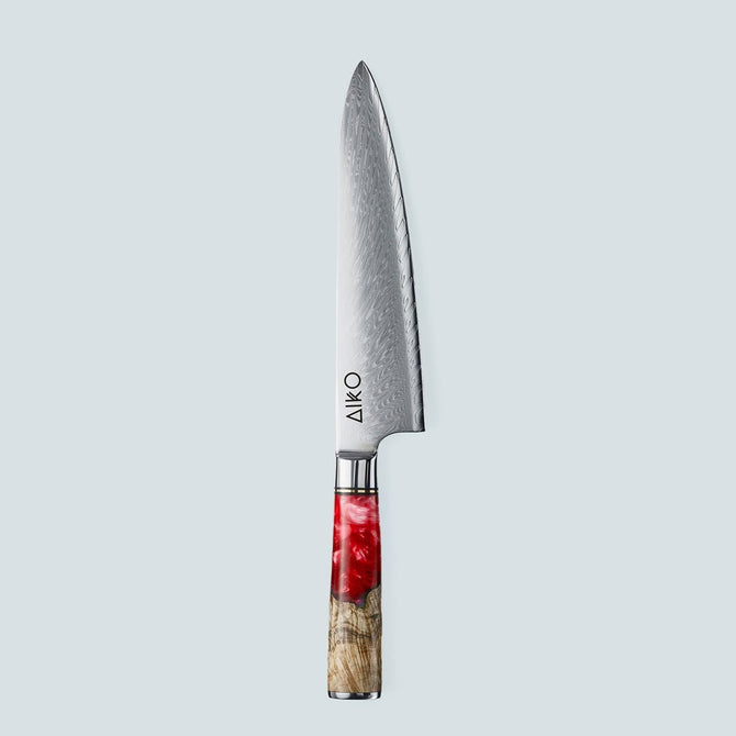 Cuchillo Aiko de acero damasco rojo con mango de resina de color rojo