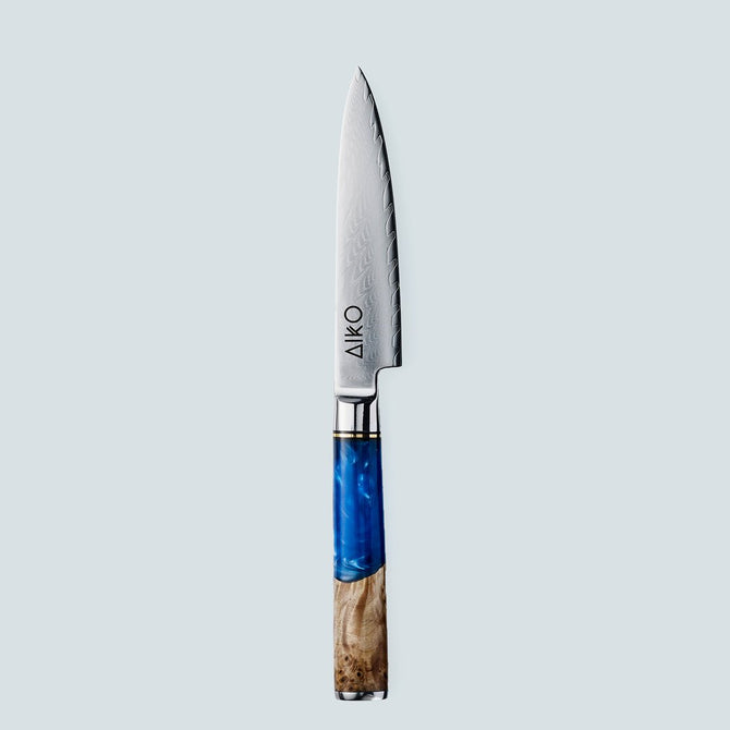Cuchillo Aiko de Acero Damasco Azul con Mango de Resina de Color Azul