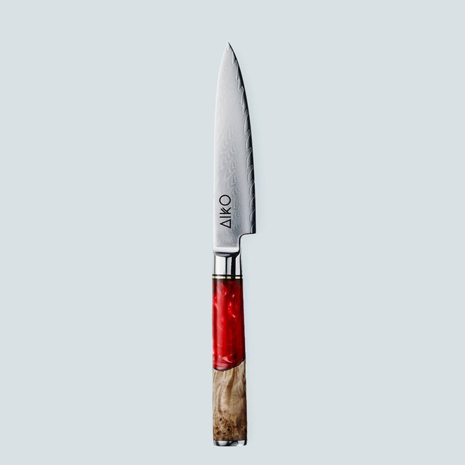 Cuchillo Aiko de acero damasco rojo con mango de resina de color rojo