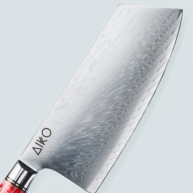 Cuchillo Aiko de acero damasco rojo con mango de resina de color rojo
