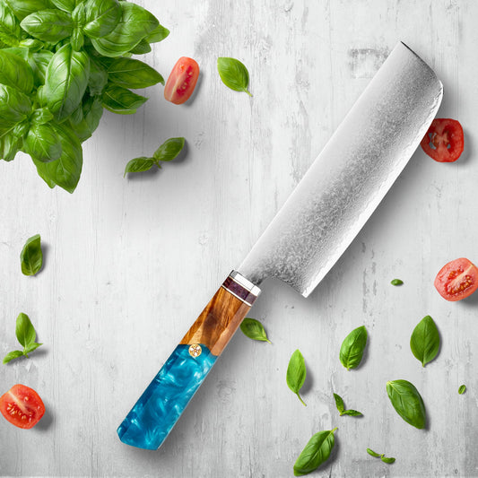 Cuchillos de acero de Makito Damasco con mango de resina azul de color